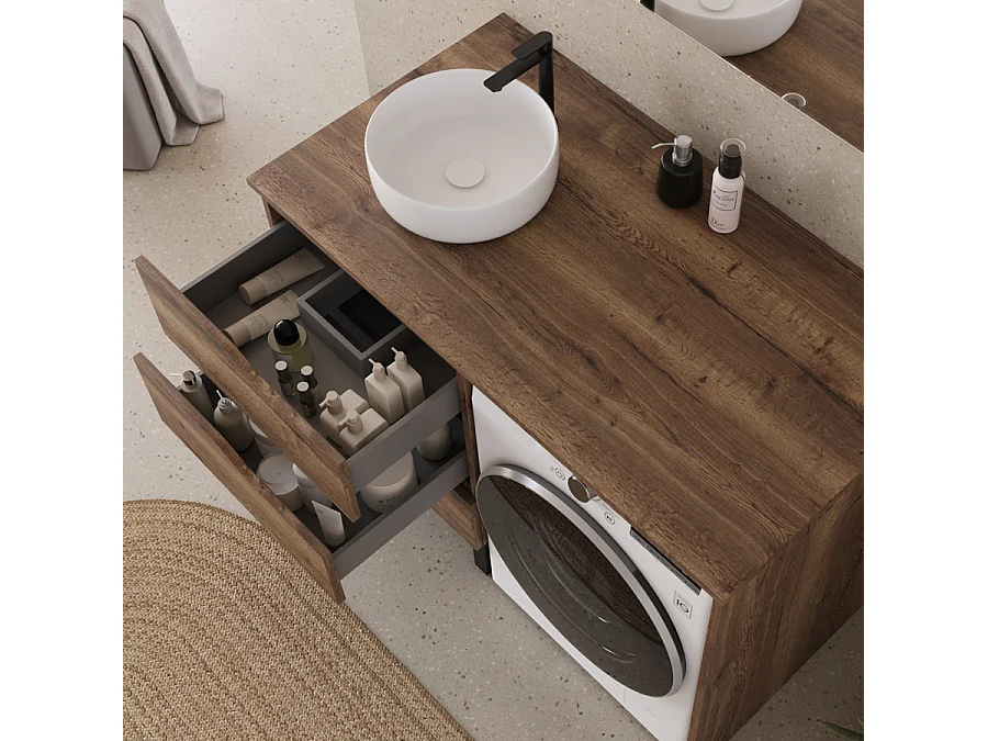 Meuble lave linge 124cm avec plateau et vasque ronde - 3 tiroirs - tabacco (chêne foncé) - SANTA