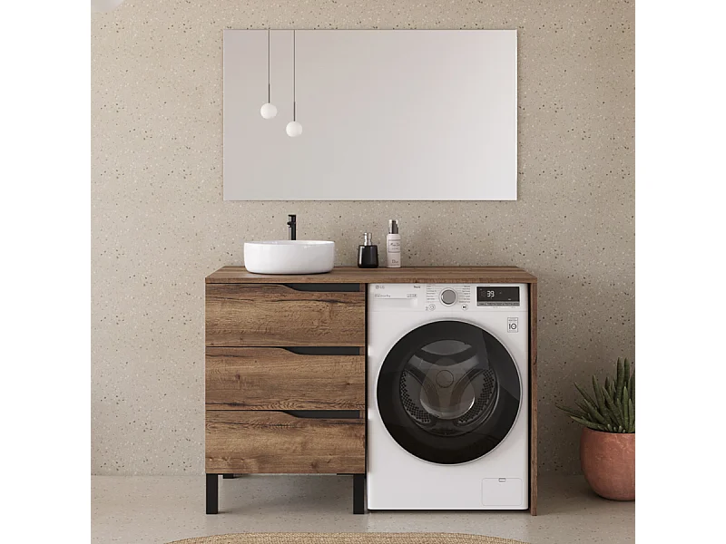 Meuble lave linge 124cm avec plateau et vasque ronde - 3 tiroirs - tabacco (chêne foncé) - SANTA