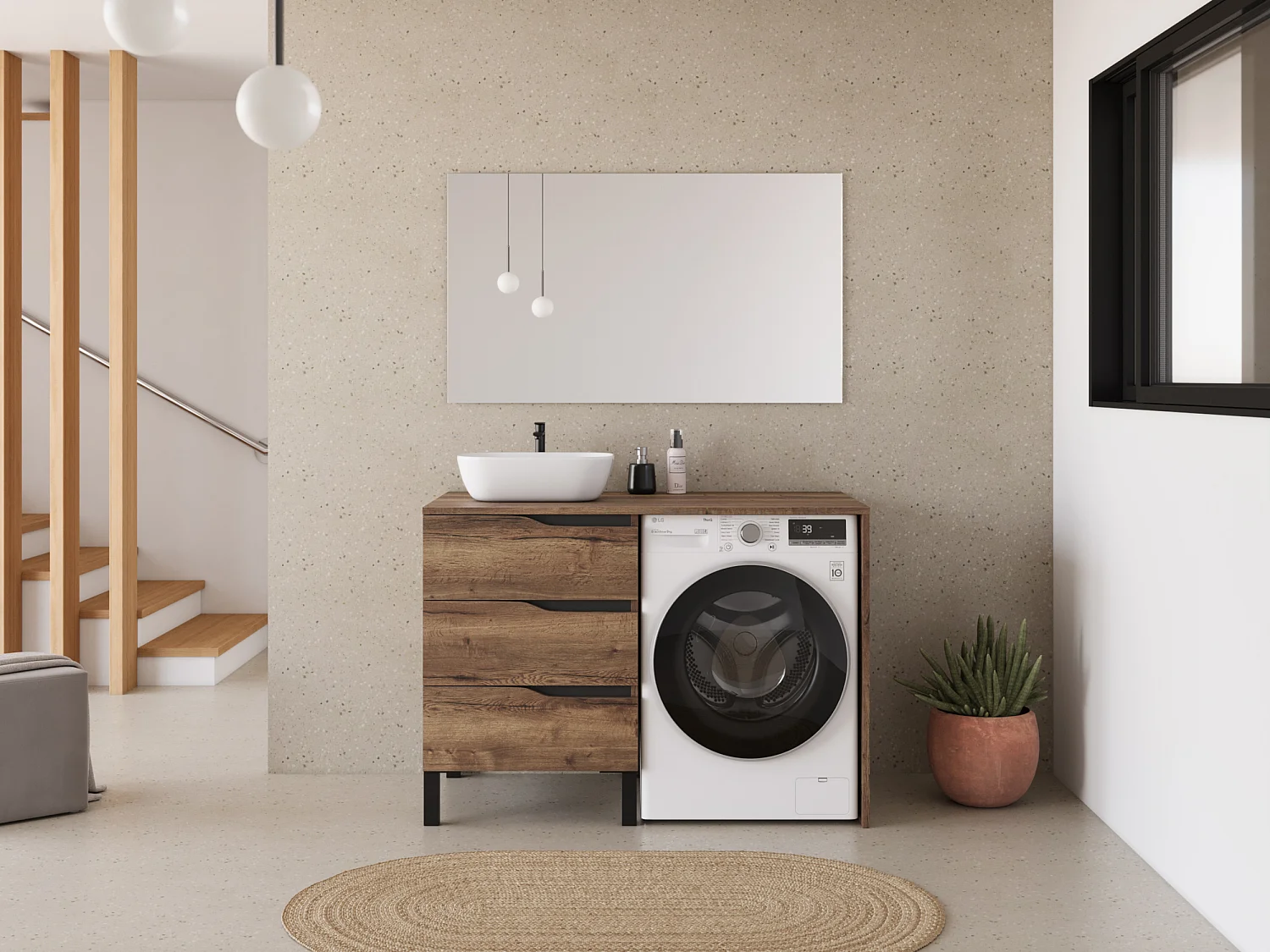 Meuble lave linge 124cm avec plateau et vasque arrondie - 3 tiroirs - tabacco (chêne foncé) - SANTA