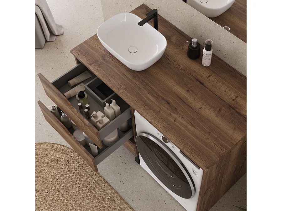 Meuble lave linge 124cm avec plateau et vasque arrondie - 3 tiroirs - tabacco (chêne foncé) - SANTA