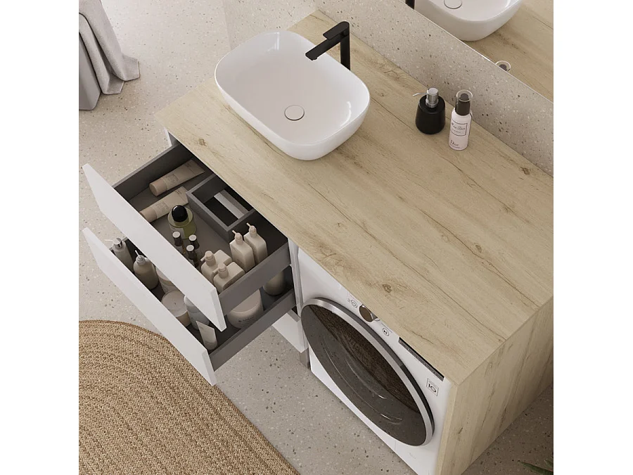 Meuble lave linge 124cm avec plateau nebraska et vasque arrondie - sans miroir - 3 tiroirs - blanc/nebraska (chêne clair) - CRUZ