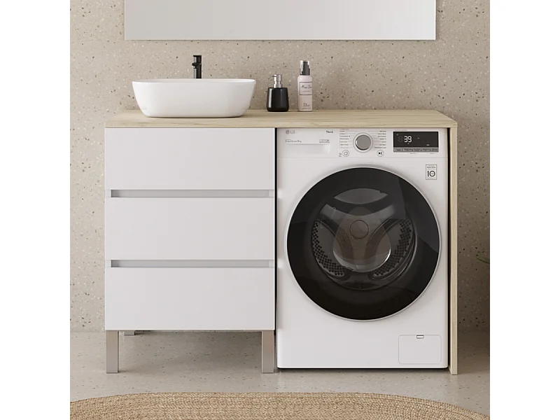 Meuble lave linge 124cm avec plateau nebraska et vasque arrondie - sans miroir - 3 tiroirs - blanc/nebraska (chêne clair) - CRUZ