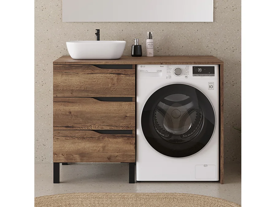 Meuble lave linge 124cm avec plateau et vasque arrondie - sans miroir - 3 tiroirs - tabacco (chêne foncé) - SANTA