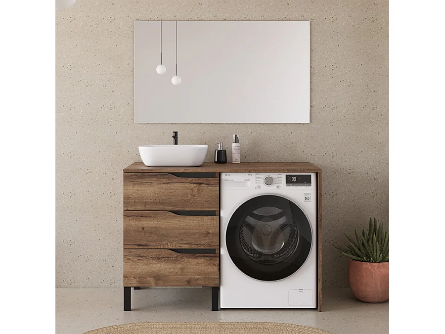 Meuble lave linge 124cm avec plateau et vasque arrondie - sans miroir - 3 tiroirs - tabacco (chêne foncé) - SANTA