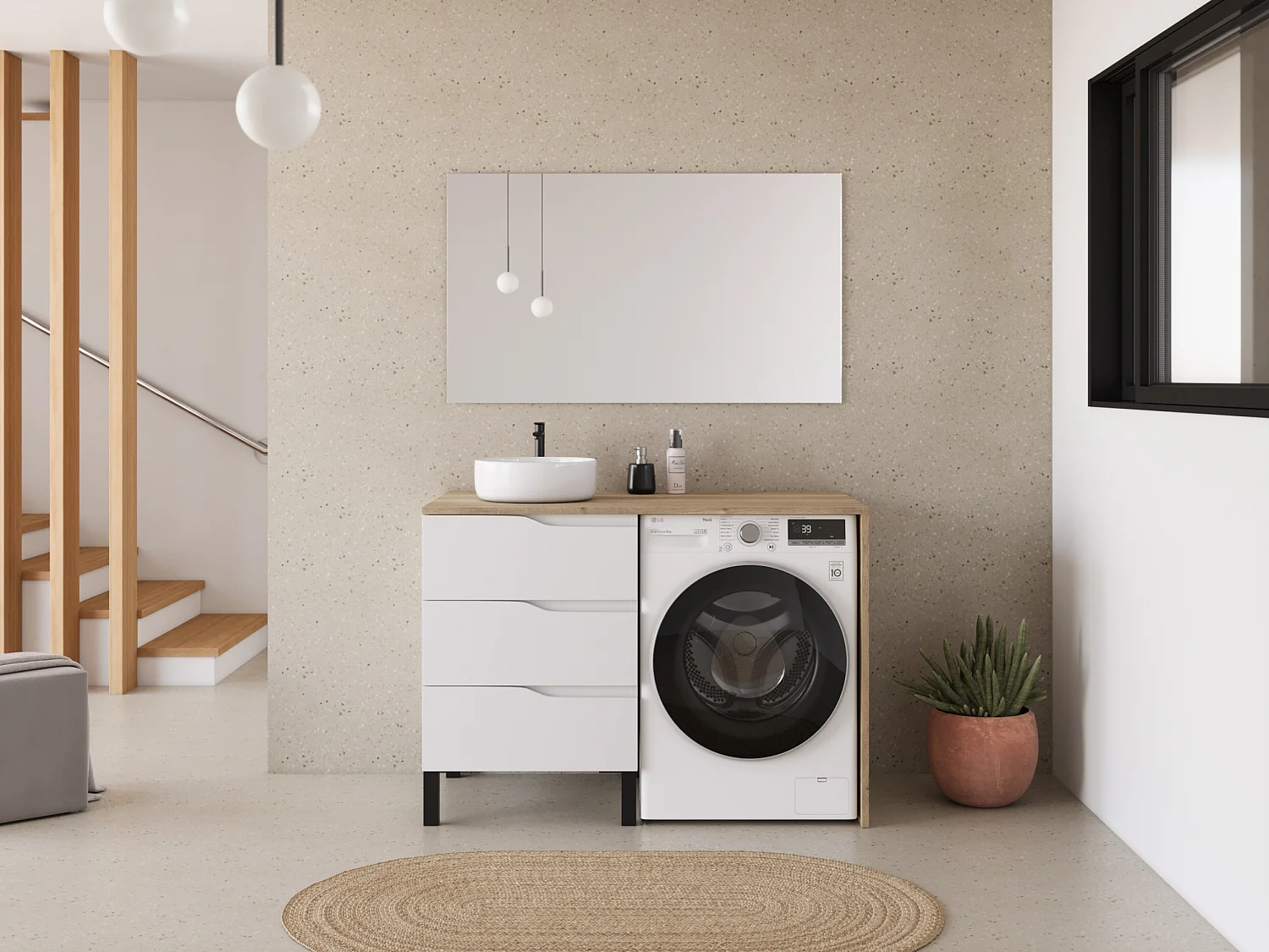 Meuble lave linge 124cm avec plateau miel et vasque ronde - sans miroir - 3 tiroirs - blanc/madera miel (chêne clair) - SANTA