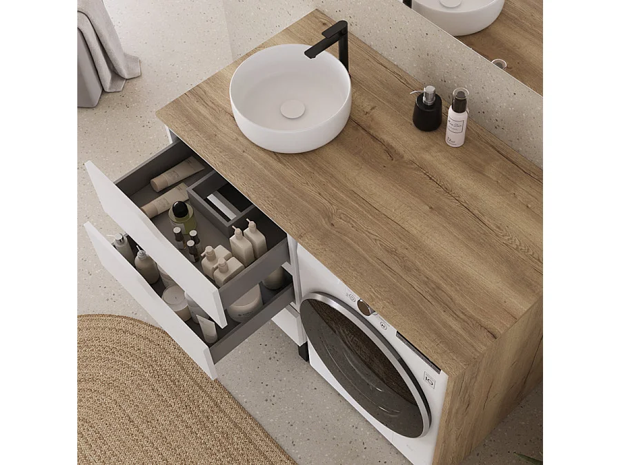 Meuble lave linge 124cm avec plateau miel et vasque ronde - sans miroir - 3 tiroirs - blanc/madera miel (chêne clair) - SANTA