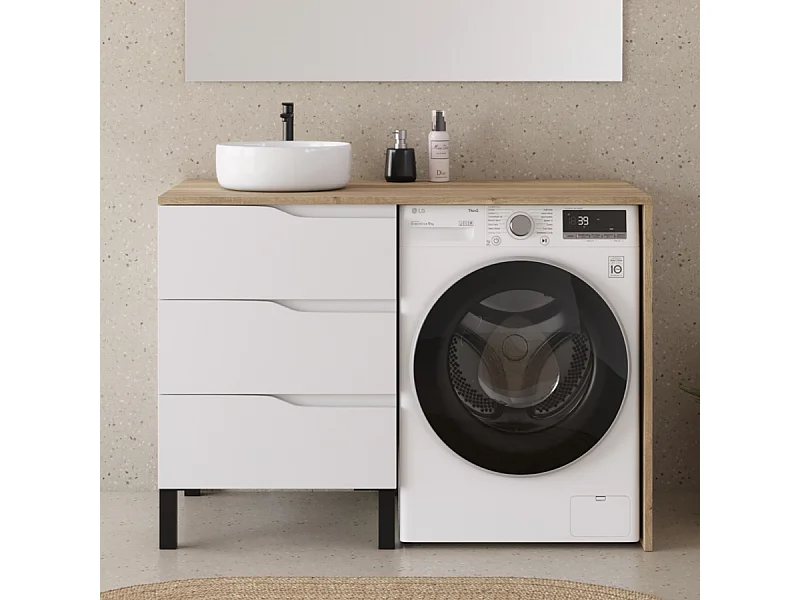 Meuble lave linge 124cm avec plateau miel et vasque ronde - sans miroir - 3 tiroirs - blanc/madera miel (chêne clair) - SANTA