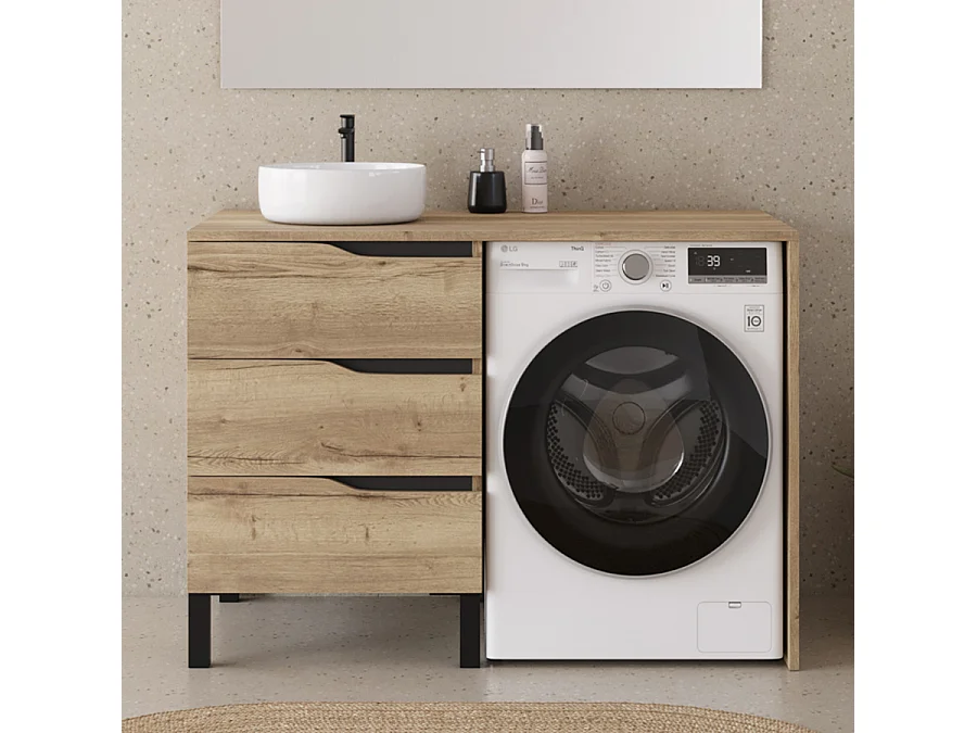 Meuble lave linge 124cm avec plateau et vasque ronde - 3 tiroirs - madera miel (chêne clair) - SANTA