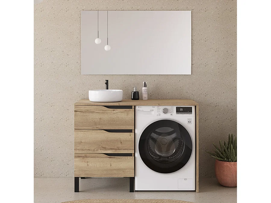 Meuble lave linge 124cm avec plateau et vasque ronde - 3 tiroirs - madera miel (chêne clair) - SANTA