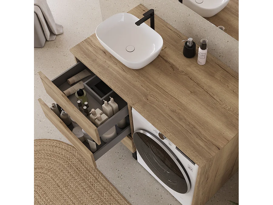 Meuble lave linge 124cm avec plateau et vasque arrondie - 3 tiroirs - madera miel (chêne clair) - SANTA