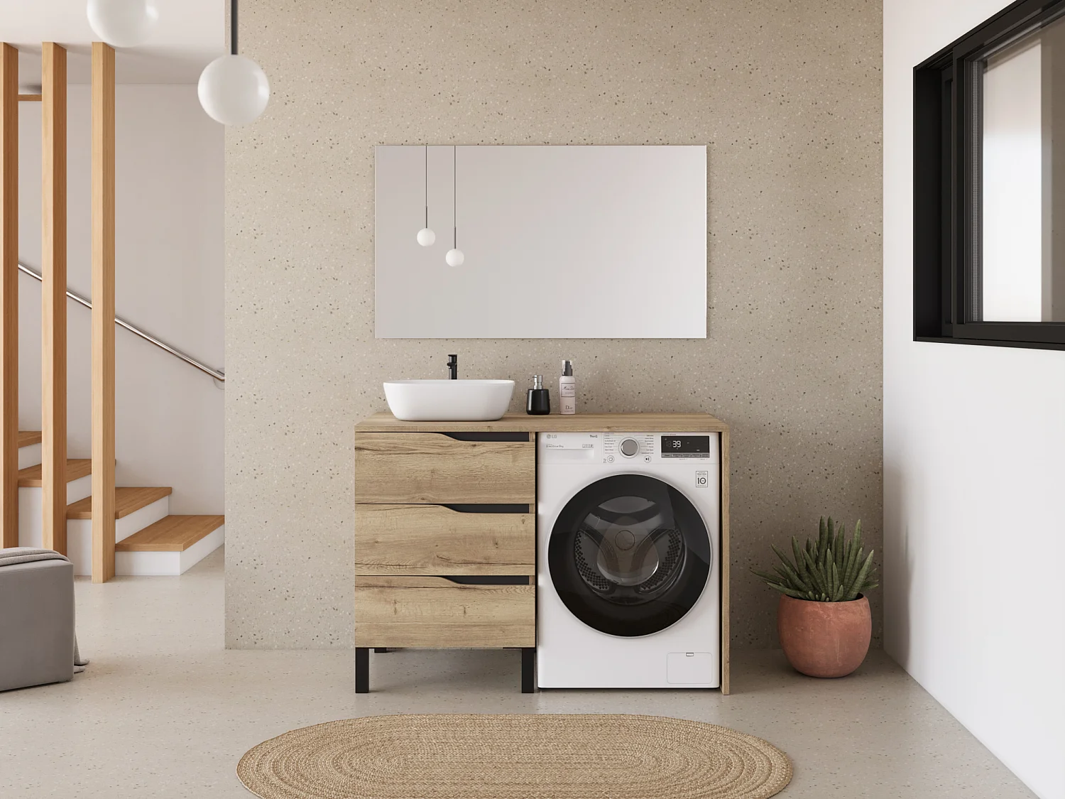 Meuble lave linge 124cm avec plateau et vasque arrondie - 3 tiroirs - madera miel (chêne clair) - SANTA