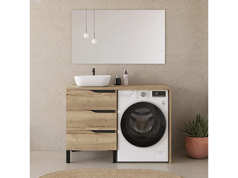 Meuble lave linge 124cm avec plateau et vasque arrondie - 3 tiroirs - madera miel (chêne clair) - SANTA