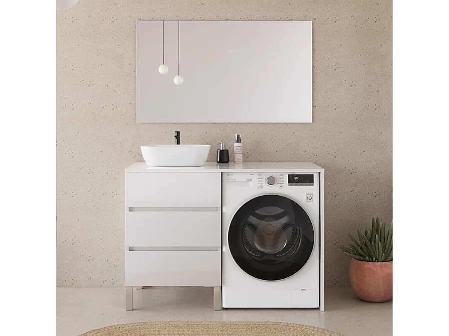 Meuble lave linge 124cm avec plateau et vasque arrondie - 3 tiroirs - blanc - CRUZ