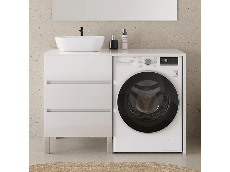 Meuble lave linge 124cm avec plateau et vasque arrondie - 3 tiroirs - blanc - CRUZ