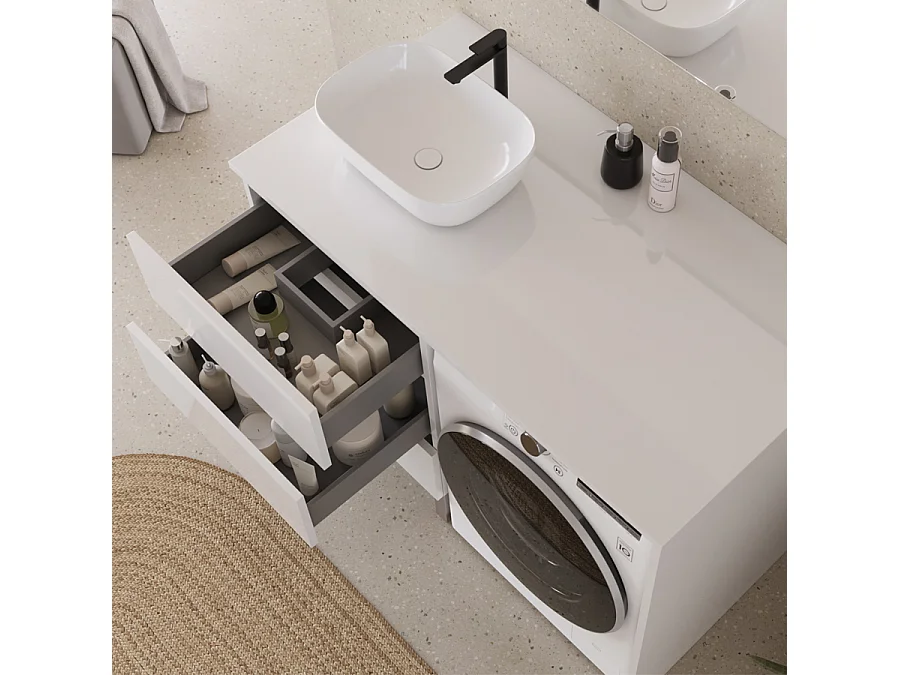 Meuble lave linge 124cm avec plateau et vasque arrondie - 3 tiroirs - blanc - CRUZ