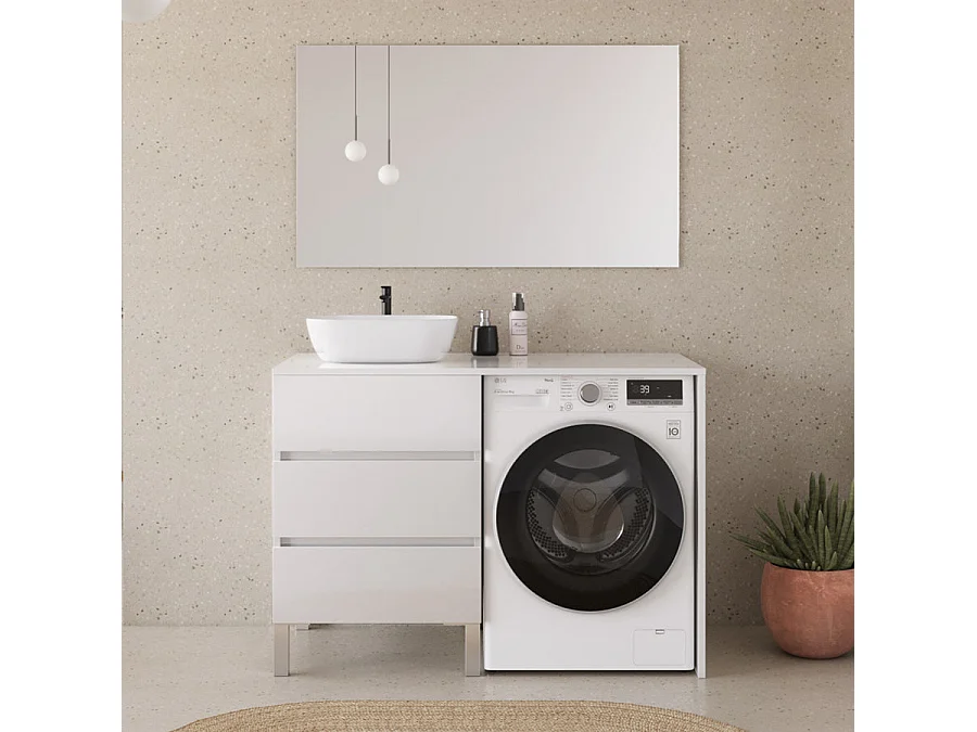Meuble lave linge 124cm avec plateau et vasque arrondie - sans miroir - 3 tiroirs - blanc - CRUZ