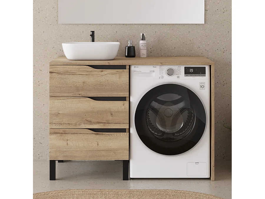Meuble lave linge 124cm avec plateau et vasque arrondie - sans miroir - 3 tiroirs - madera miel (chêne clair) - SANTA