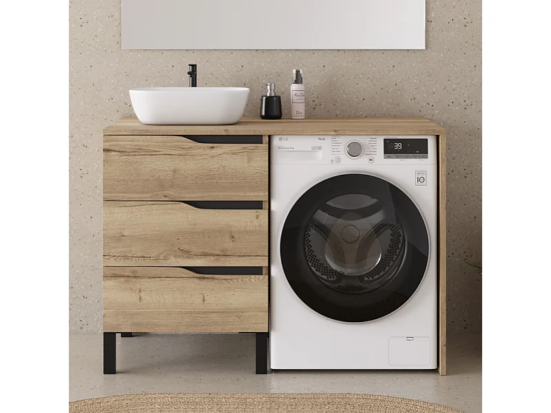 Meuble lave linge 124cm avec plateau et vasque arrondie - sans miroir - 3 tiroirs - madera miel (chêne clair) - SANTA