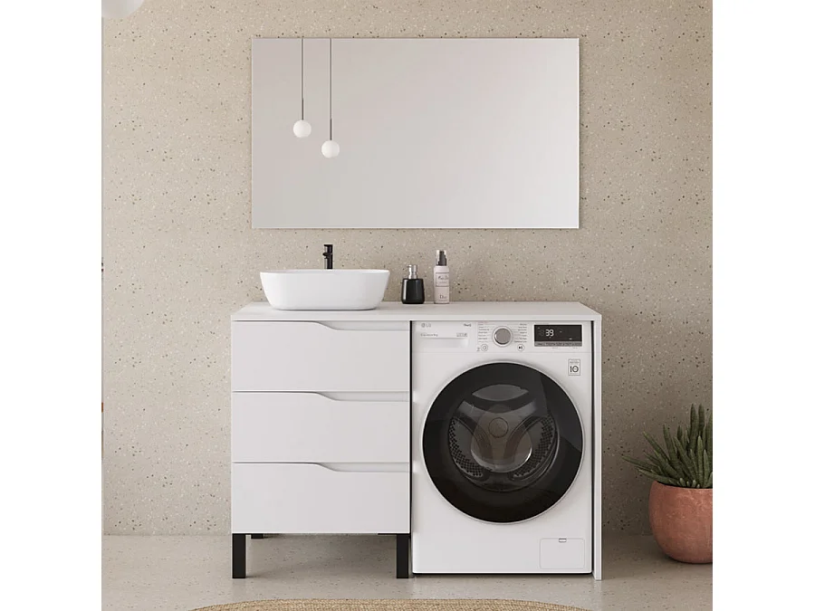 Meuble lave linge 124cm avec plateau et vasque arrondie - sans miroir - 3 tiroirs - blanc - SANTA