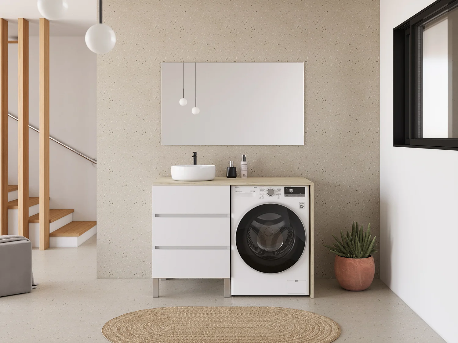 Meuble lave linge 124cm avec plateau nebraska et vasque ronde - sans miroir - 3 tiroirs - blanc/nebraska (chêne clair) - CRUZ