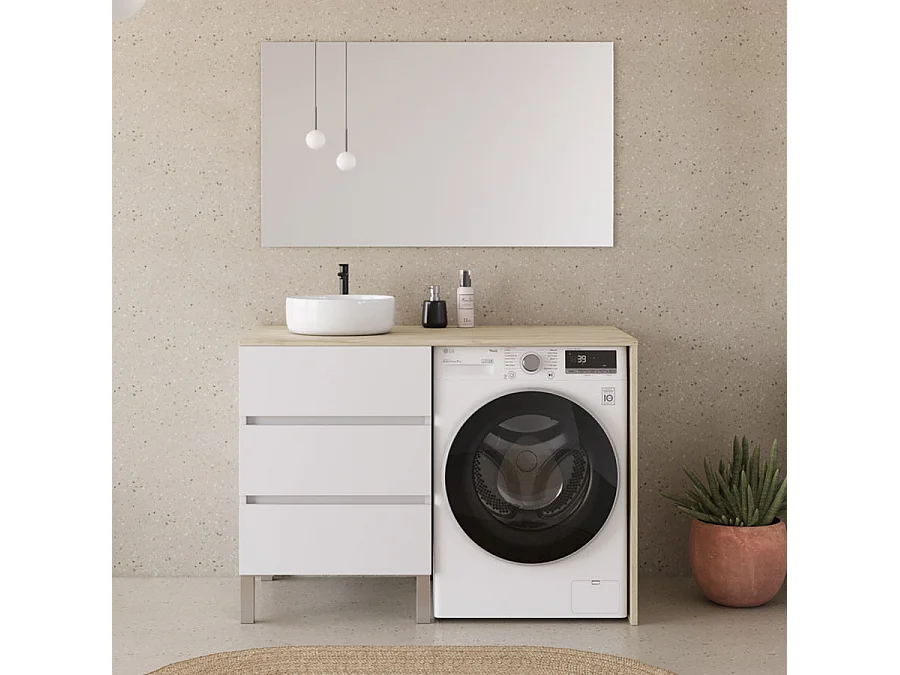 Meuble lave linge 124cm avec plateau nebraska et vasque ronde - sans miroir - 3 tiroirs - blanc/nebraska (chêne clair) - CRUZ