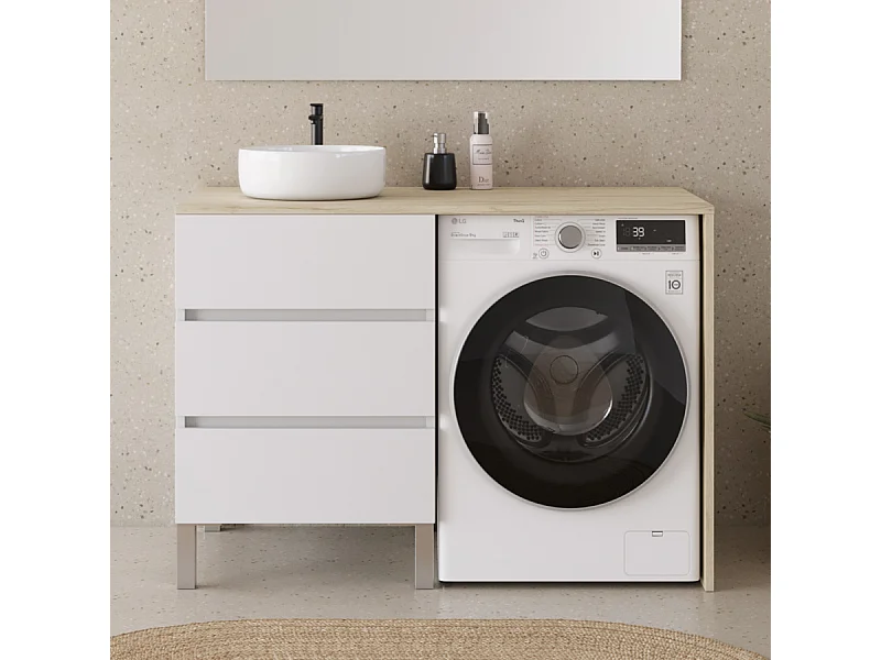 Meuble lave linge 124cm avec plateau nebraska et vasque ronde - sans miroir - 3 tiroirs - blanc/nebraska (chêne clair) - CRUZ
