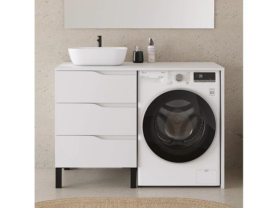 Meuble lave linge 124cm avec plateau et vasque arrondie - 3 tiroirs - blanc - SANTA