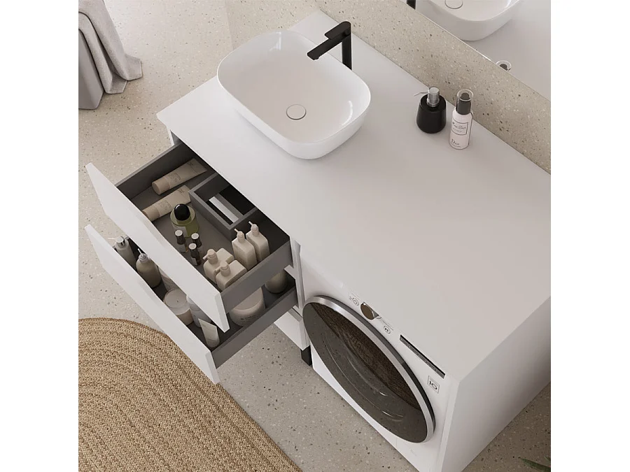 Meuble lave linge 124cm avec plateau et vasque arrondie - 3 tiroirs - blanc - SANTA