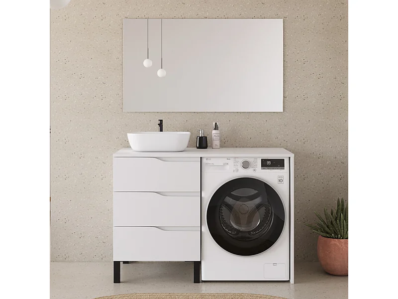 Meuble lave linge 124cm avec plateau et vasque arrondie - 3 tiroirs - blanc - SANTA