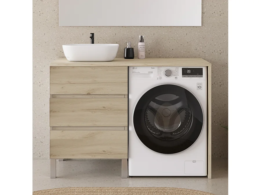 Meuble lave linge 124cm avec plateau et vasque arrondie - sans miroir - 3 tiroirs - nebraska (chêne clair) - CRUZ