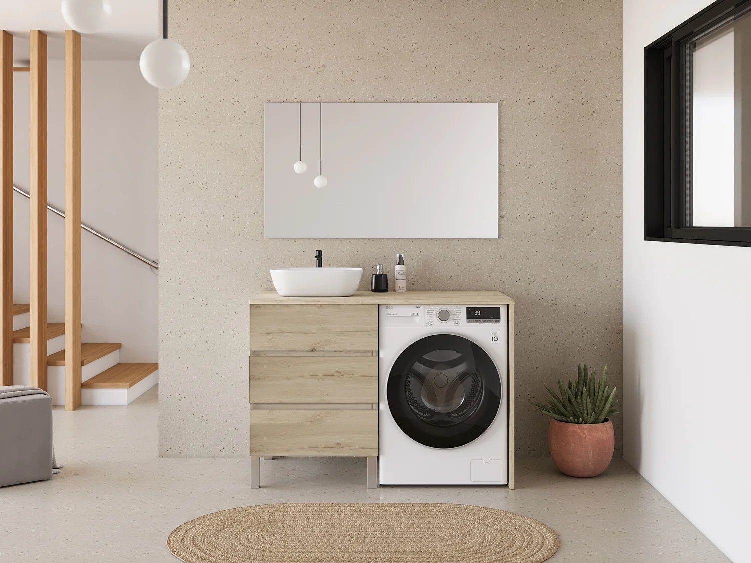 Meuble lave linge 124cm avec plateau et vasque arrondie - sans miroir - 3 tiroirs - nebraska (chêne clair) - CRUZ