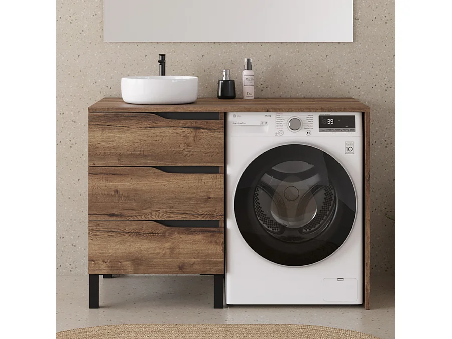 Meuble lave linge 124cm avec plateau et vasque ronde - sans miroir - 3 tiroirs - tabacco (chêne foncé) - SANTA