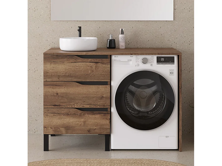 Meuble lave linge 124cm avec plateau et vasque ronde - sans miroir - 3 tiroirs - tabacco (chêne foncé) - SANTA