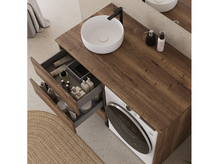 Meuble lave linge 124cm avec plateau et vasque ronde - sans miroir - 3 tiroirs - tabacco (chêne foncé) - SANTA