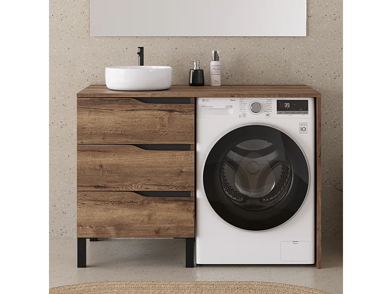 Meuble lave linge 124cm avec plateau et vasque ronde - sans miroir - 3 tiroirs - tabacco (chêne foncé) - SANTA