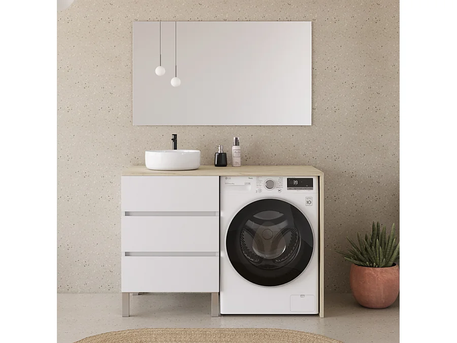 Meuble lave linge 124cm avec plateau nebraska et vasque ronde - 3 tiroirs - blanc/nebraska (chêne clair) - CRUZ