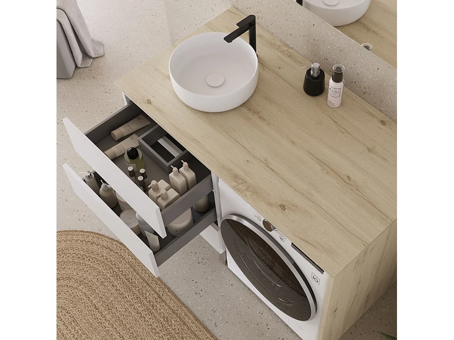 Meuble lave linge 124cm avec plateau nebraska et vasque ronde - 3 tiroirs - blanc/nebraska (chêne clair) - CRUZ