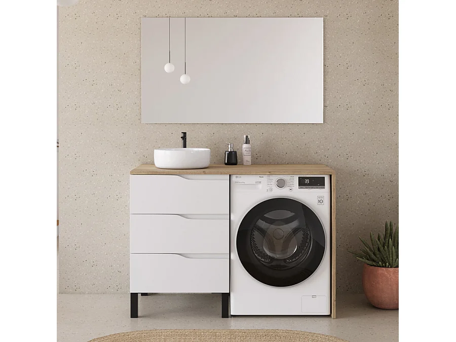 Meuble lave linge 124cm avec plateau miel et vasque ronde - 3 tiroirs - blanc/madera miel (chêne clair) - SANTA
