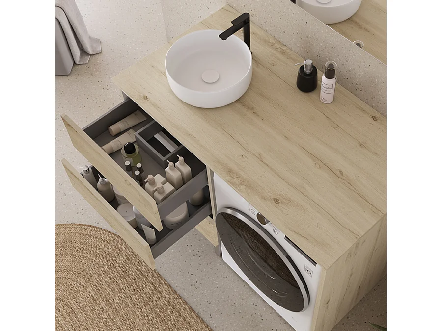 Meuble lave linge 124cm avec plateau et vasque ronde - 3 tiroirs - nebraska (chêne clair) - CRUZ