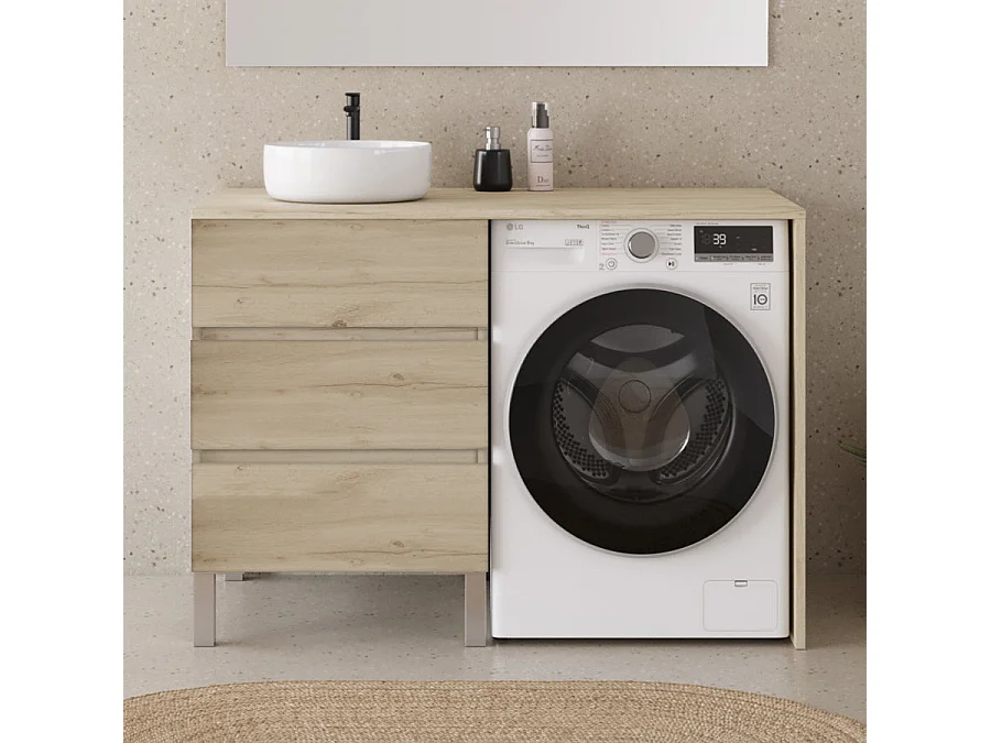 Meuble lave linge 124cm avec plateau et vasque ronde - sans miroir - 3 tiroirs - nebraska (chêne clair) - CRUZ