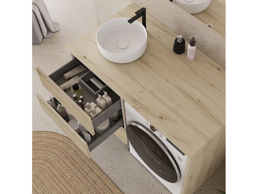 Meuble lave linge 124cm avec plateau et vasque ronde - sans miroir - 3 tiroirs - nebraska (chêne clair) - CRUZ