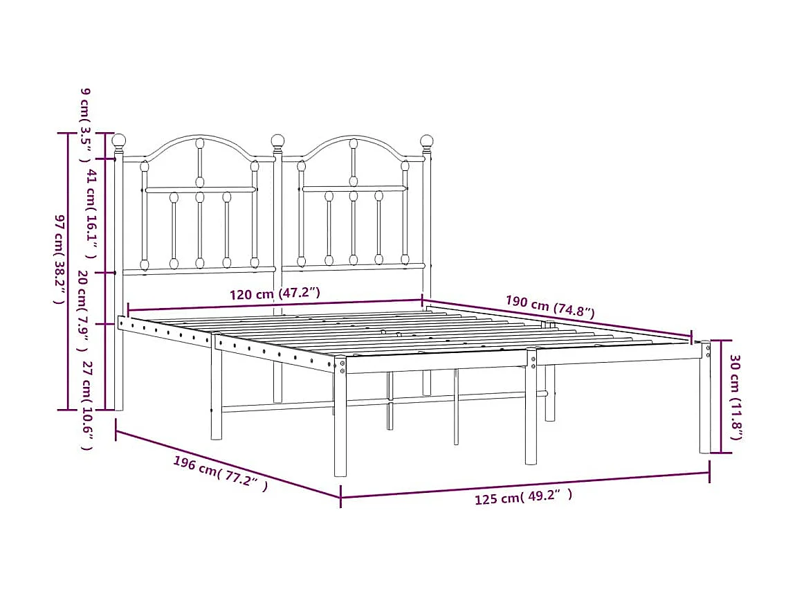 Bedframe met hoofdbord metaal zwart 120x190 cm