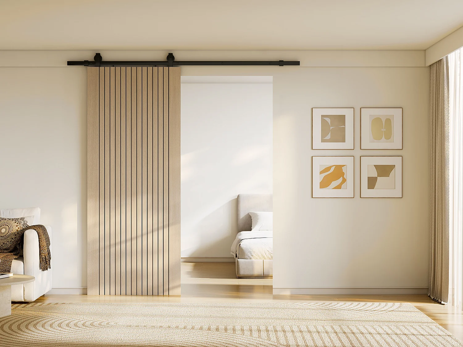 Porte coulissante avec système en applique en bois et MDF striée - H205 x L93 cm - AREZO