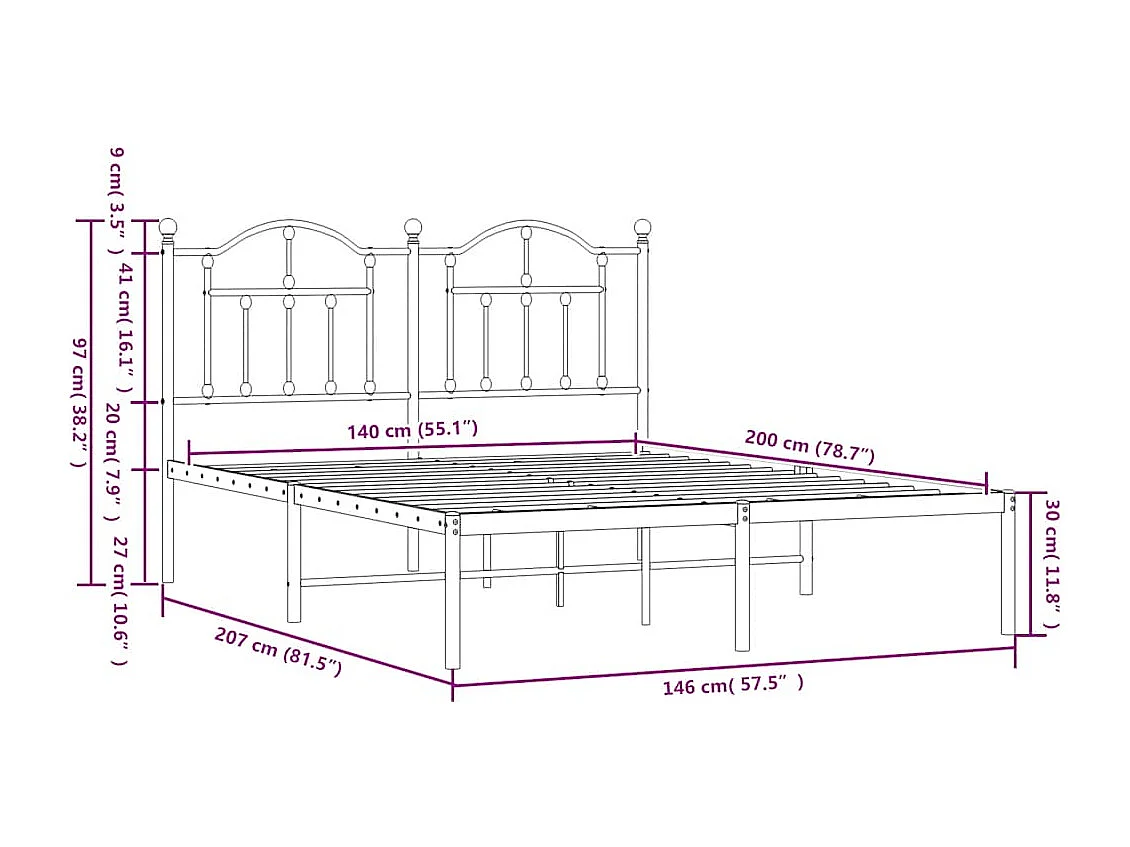 Bedframe met hoofdbord metaal zwart 140x200 cm