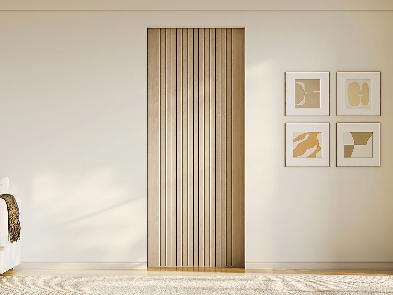 Porte coulissante avec système à galandage en bois et MDF striée - H205 x L93 cm - AREZO