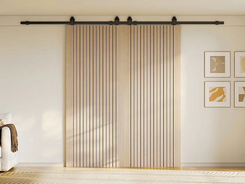 Porte coulissante double avec système en applique en bois et MDF striée - 2 x H205 x L93 cm - AREZO