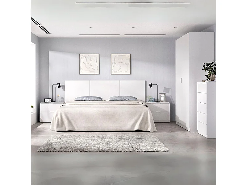 Conjunto de dormitorio Pack Havana 4 cabecero + 2 mesitas + cómoda + armario blanco