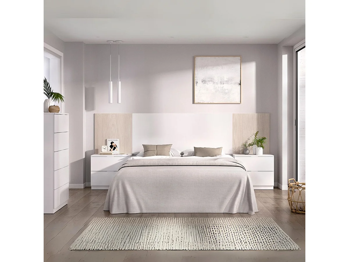 Conjunto de dormitorio Pack Loma cabecero + 2 mesitas + cómoda blanco/natural