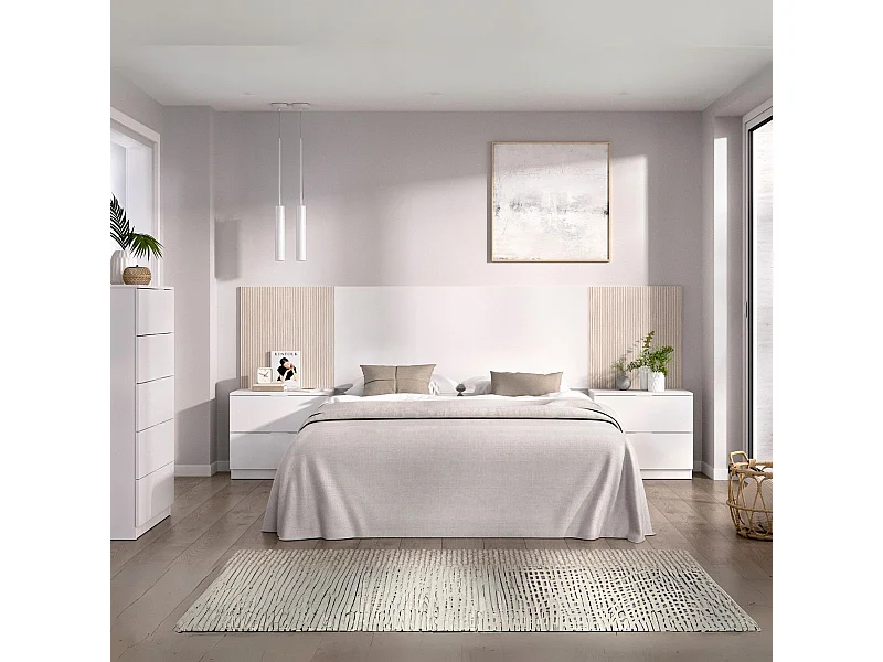 Conjunto de dormitorio Pack Loma cabecero + 2 mesitas + cómoda blanco/natural