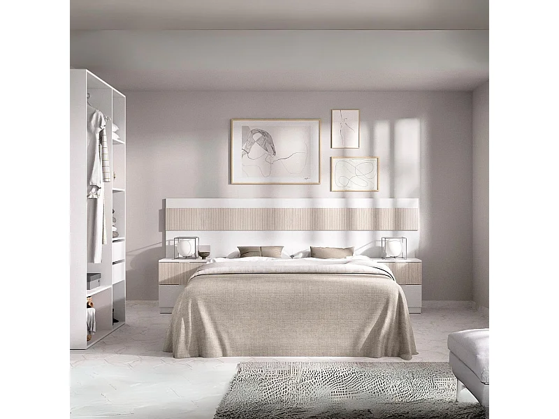 Conjunto de dormitorio Pack Bianca cabecero + 2 mesitas + vestidor blanco/natural